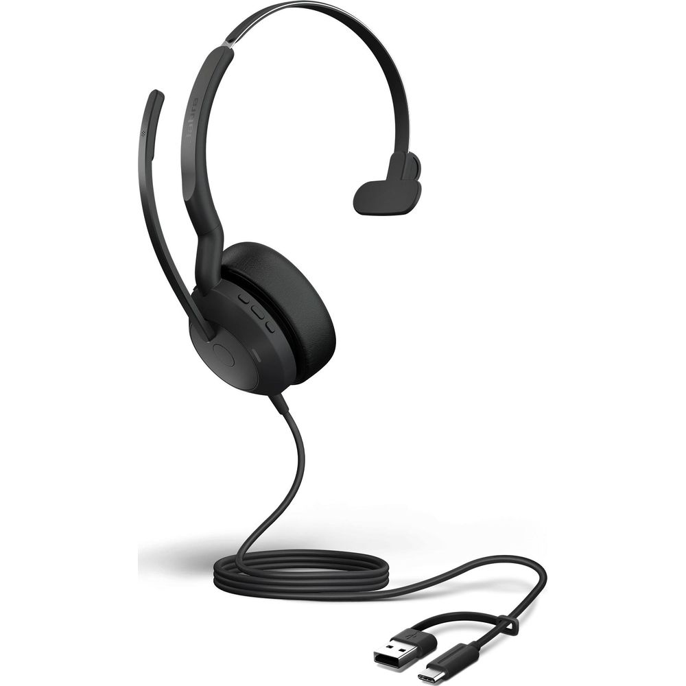 Schwarzer Jabra Headset mit Mikrofonbügel und USB-C-Kabel.