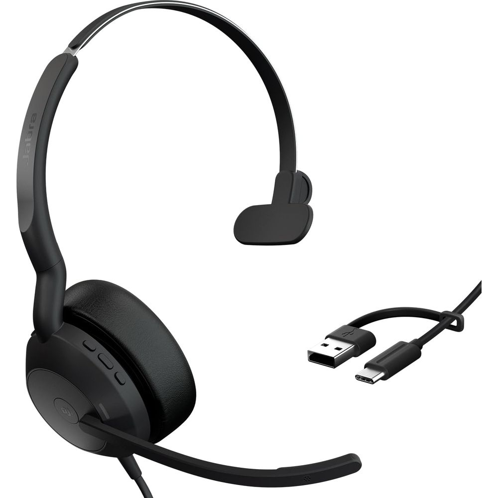 Czarny zestaw słuchawkowy Jabra z mikrofonem i kablami USB-C/USB-A.