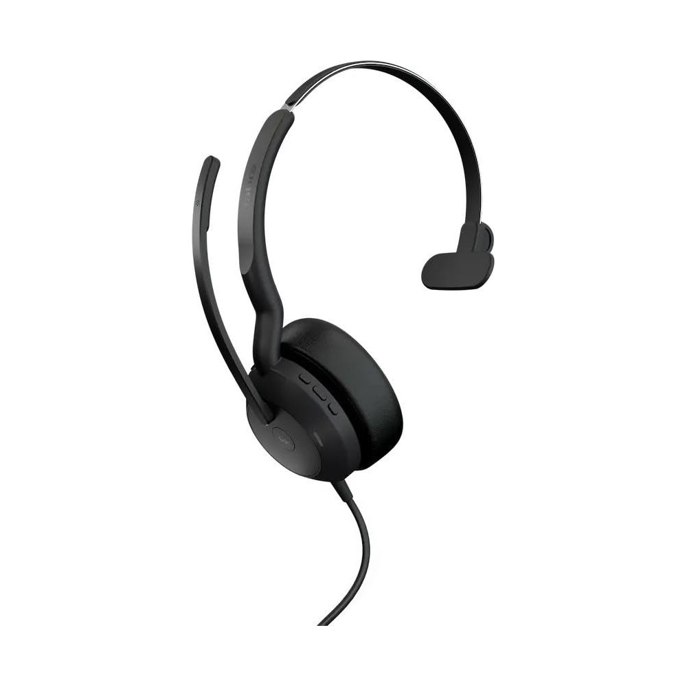 Schwarzer Headset mit Mikrofonbügel und Ohrpolster auf weißem Hintergrund.