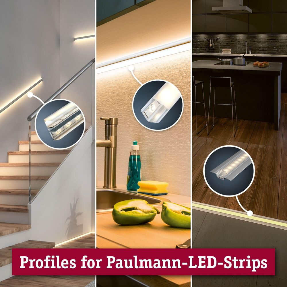 Solutions d'éclairage modernes pour escaliers, cuisine et sol.