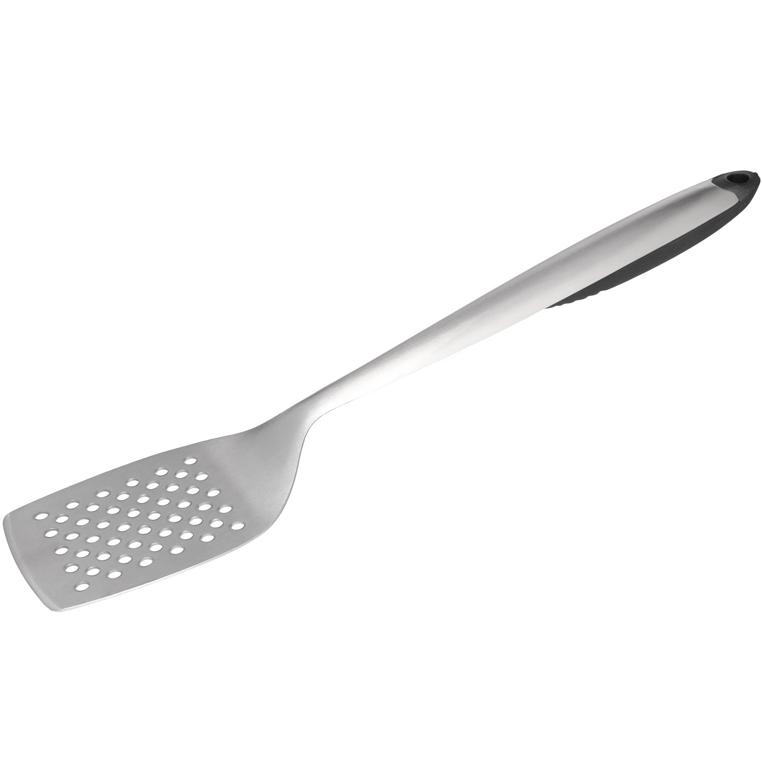 A narrow, silver grill spatula with holes and a black handle.