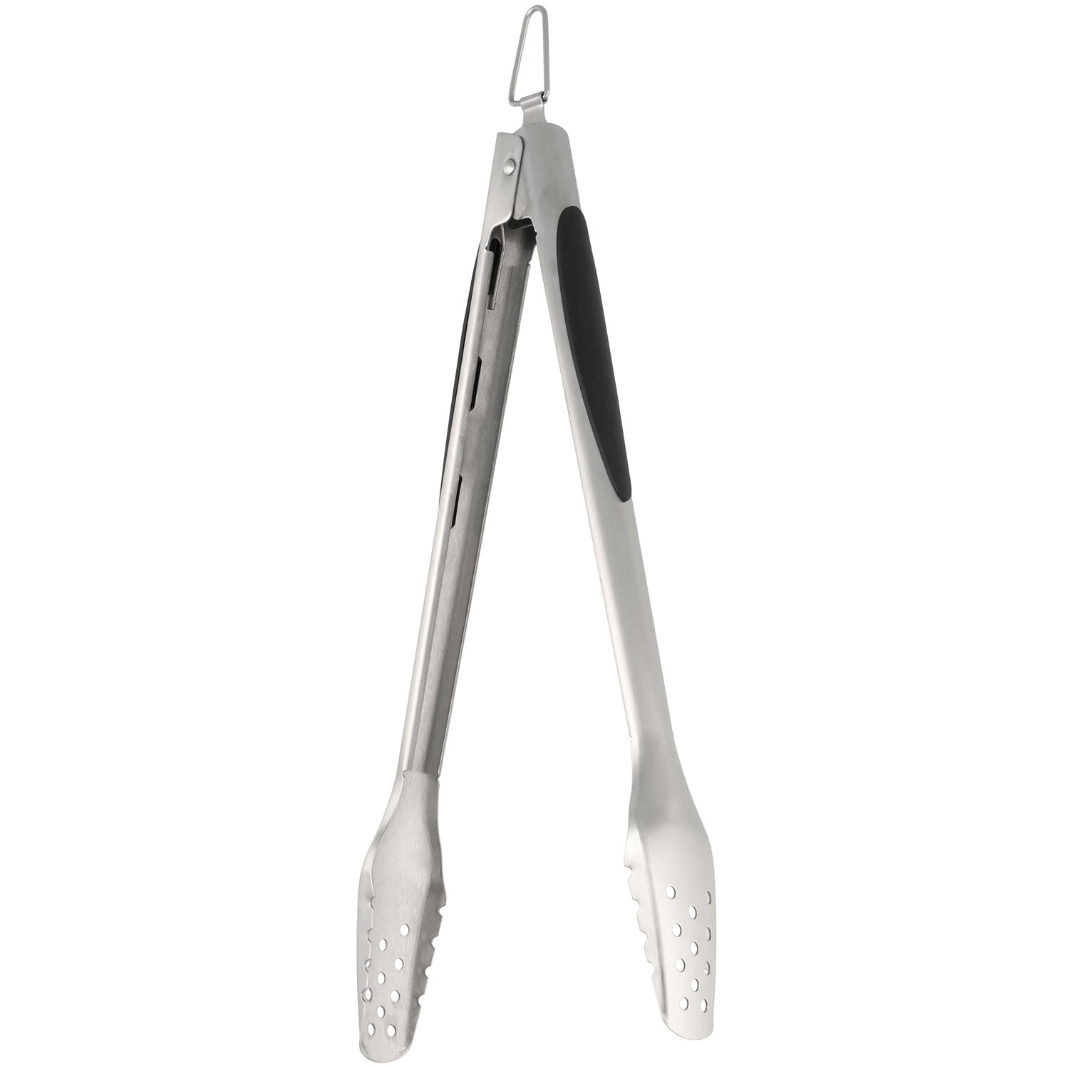 Silver metal tongs with black accents, displayed on a white background.