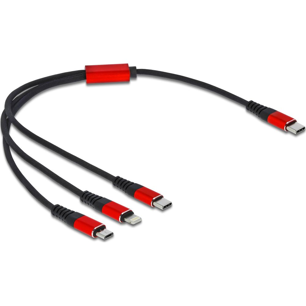 Un cable negro con tres conectores rojos: USB-C, Lightning y Micro-USB.