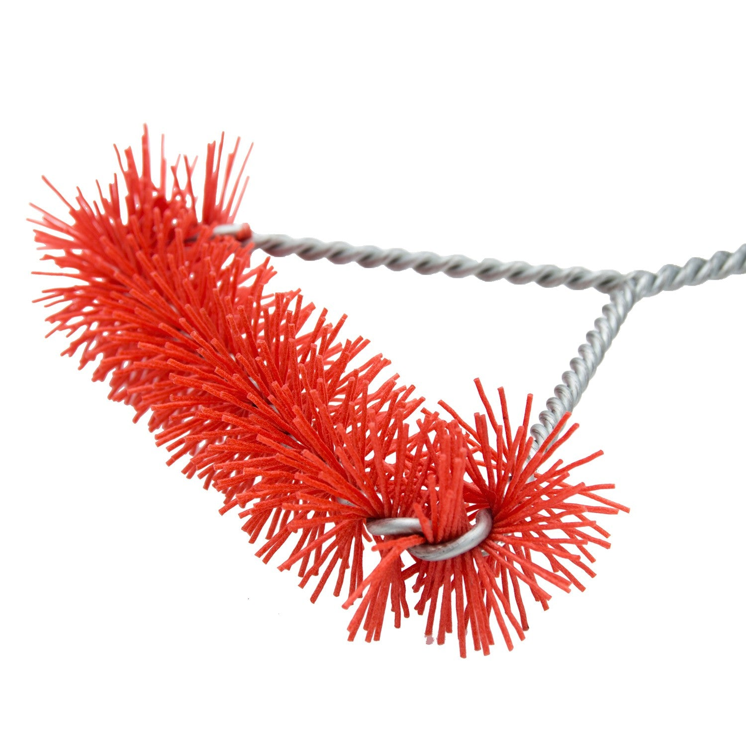 A red brush with a silver wire handle on a white background.