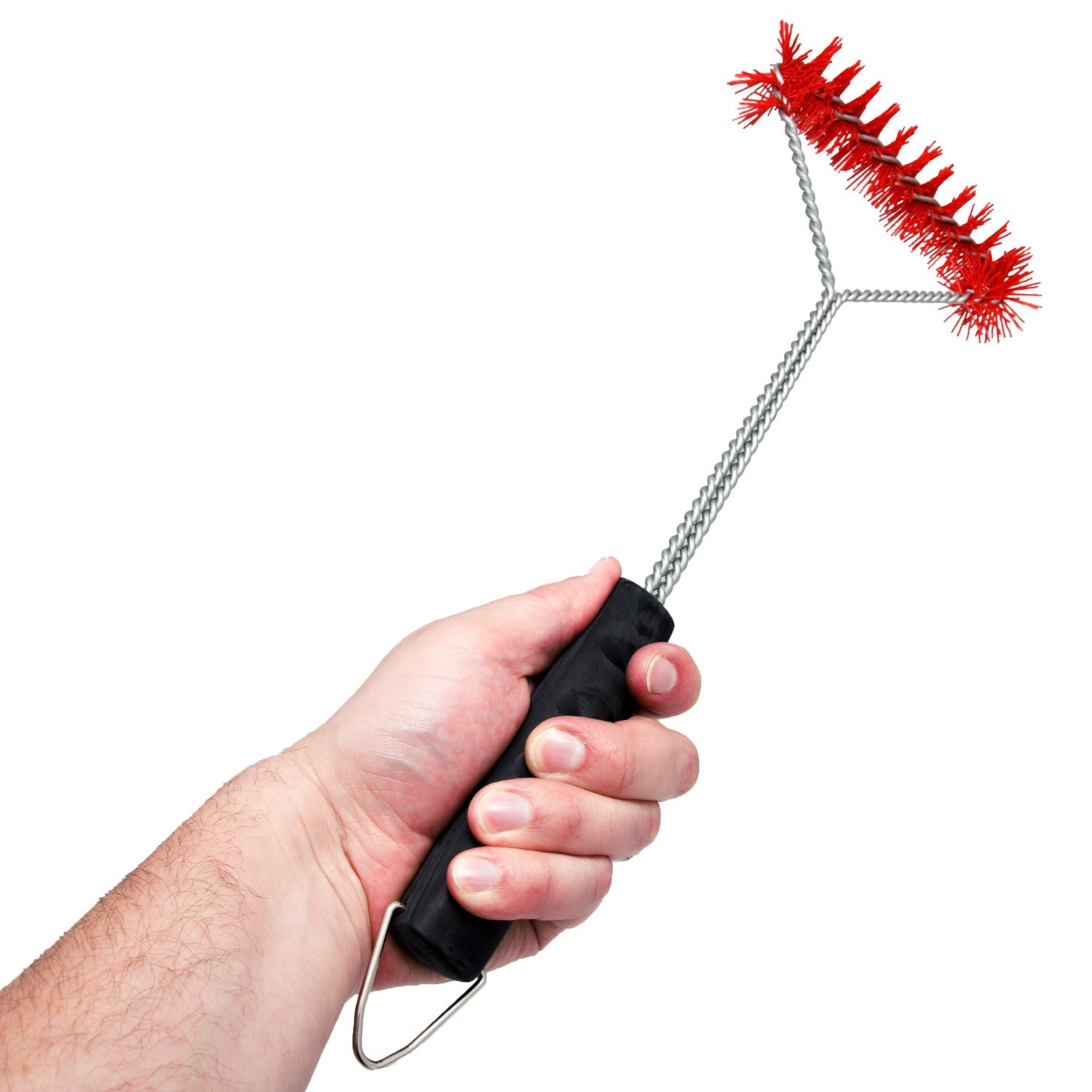 A hand holds a grill brush with red bristles and a black handle.