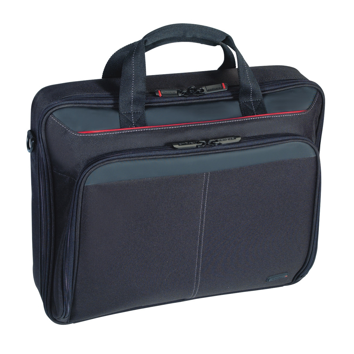 Borsa nera per laptop con manici e scomparti con zip.