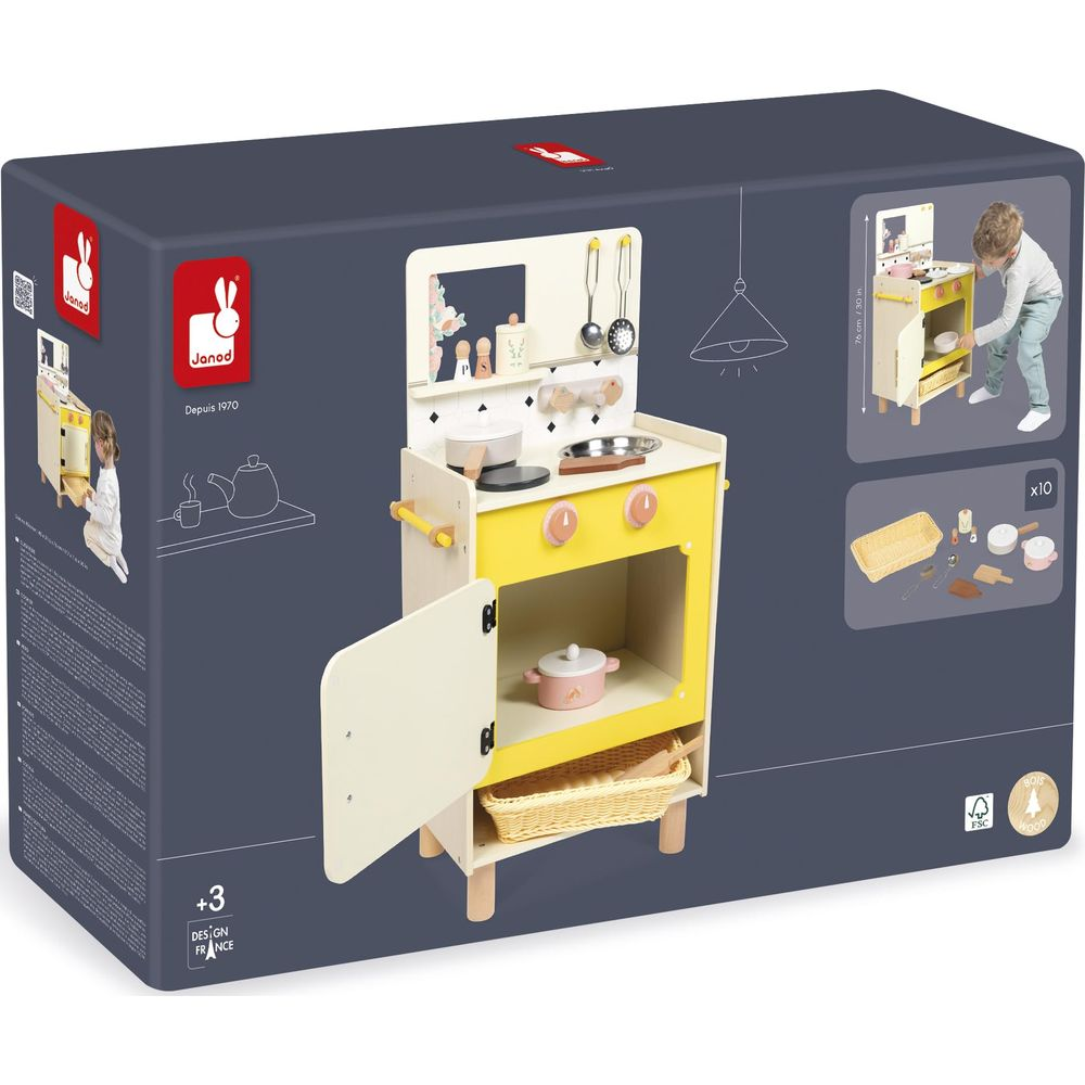 Janod Holz-Spielküche mit Zubehör, gelb und cremefarben, für Kinder ab 3 Jahren.