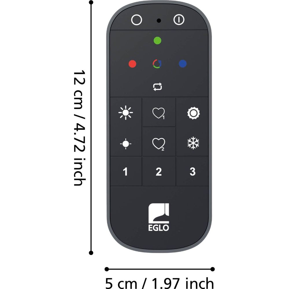 Telecomando nero con icone per luce, cuore, ingranaggio, fiocco di neve e numeri 1-3.