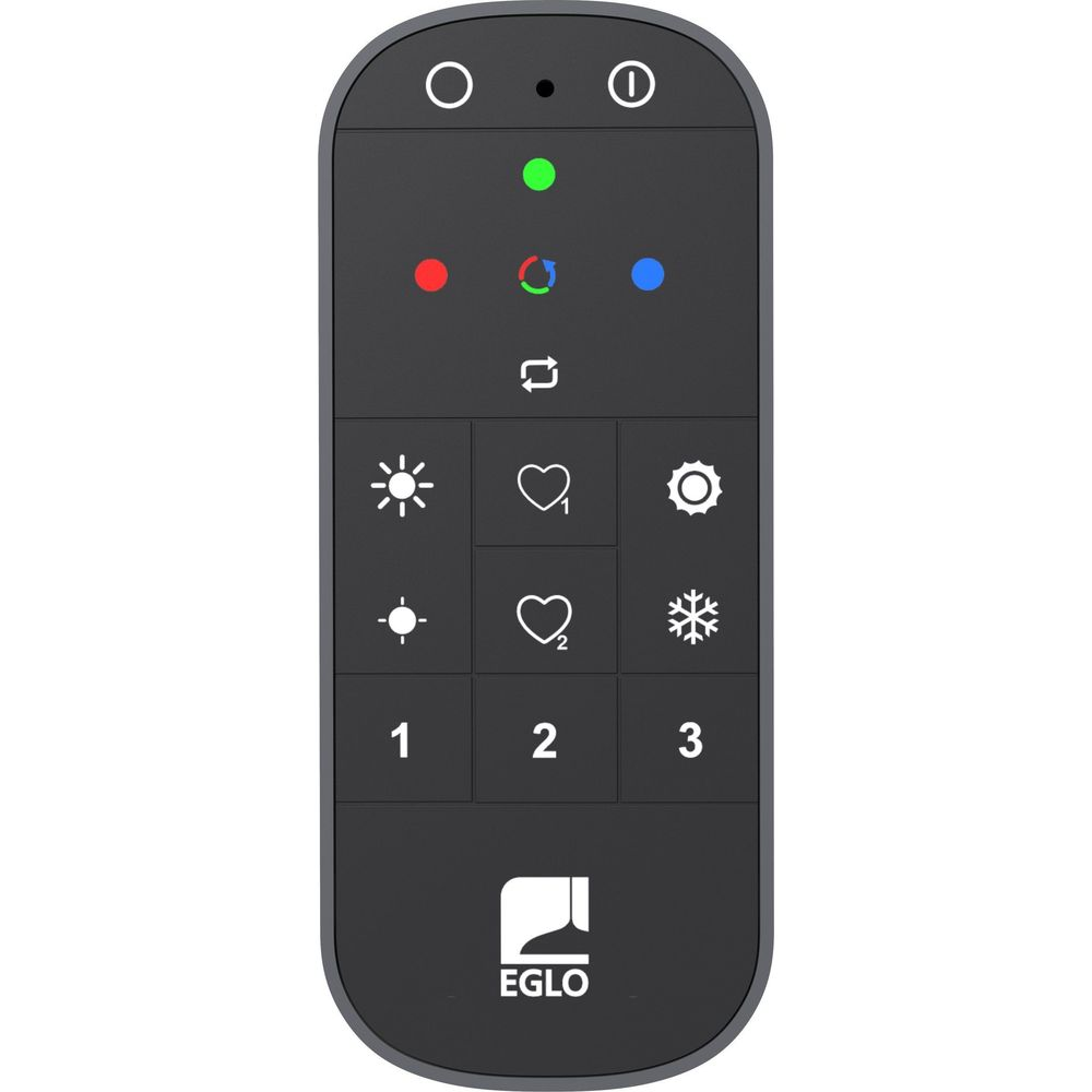 Telecomando nero con icone per luce, cuore, fiocco di neve e numeri 1-3.