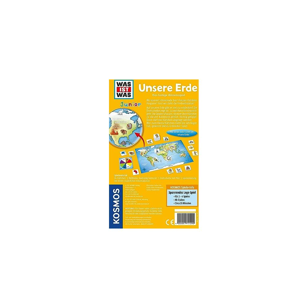 Il gioco "Unsere Erde Junior" mostra una mappa del mondo e varie carte di animali.