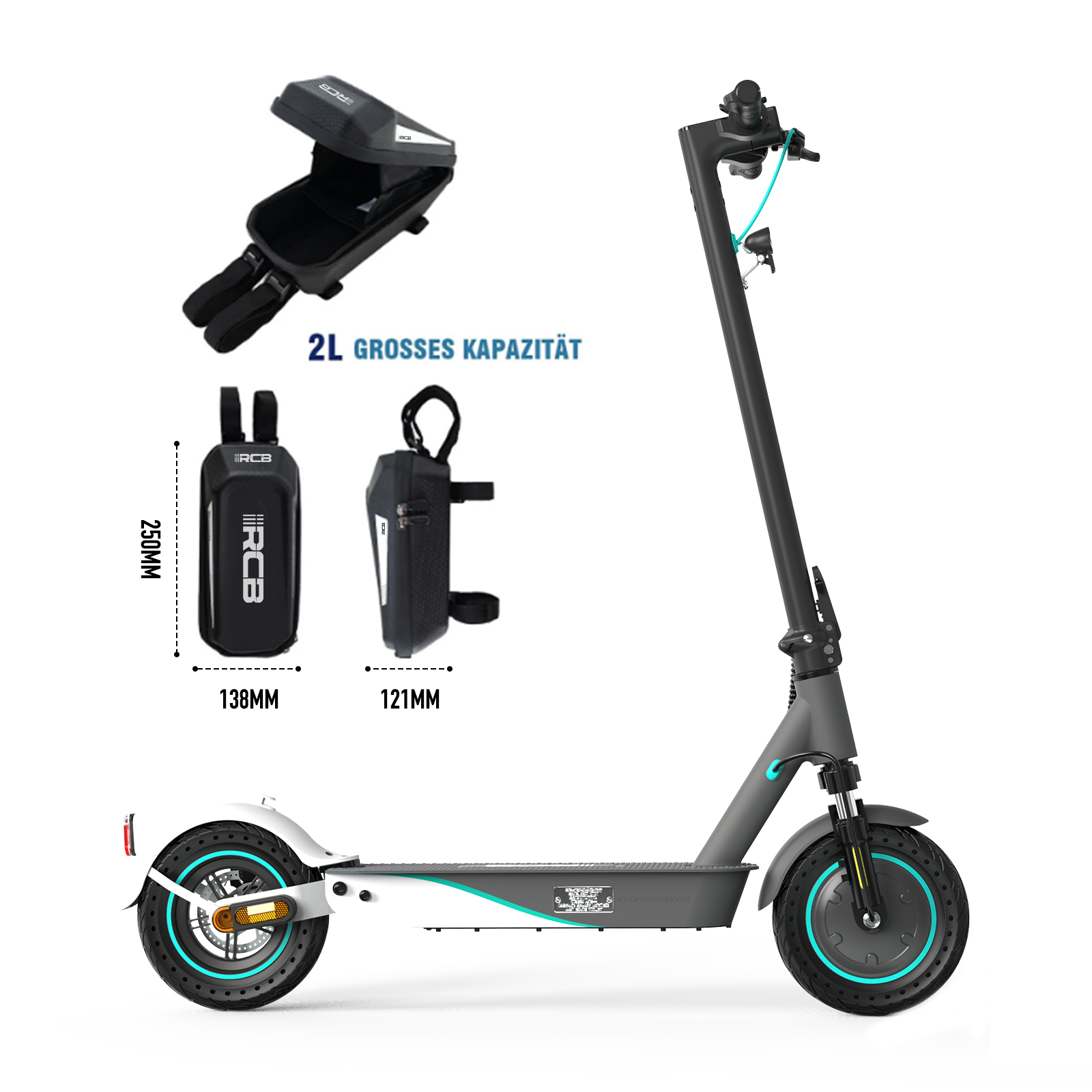 Grauer Elektroroller mit Zubehör: Tragetaschen und Größenangaben.