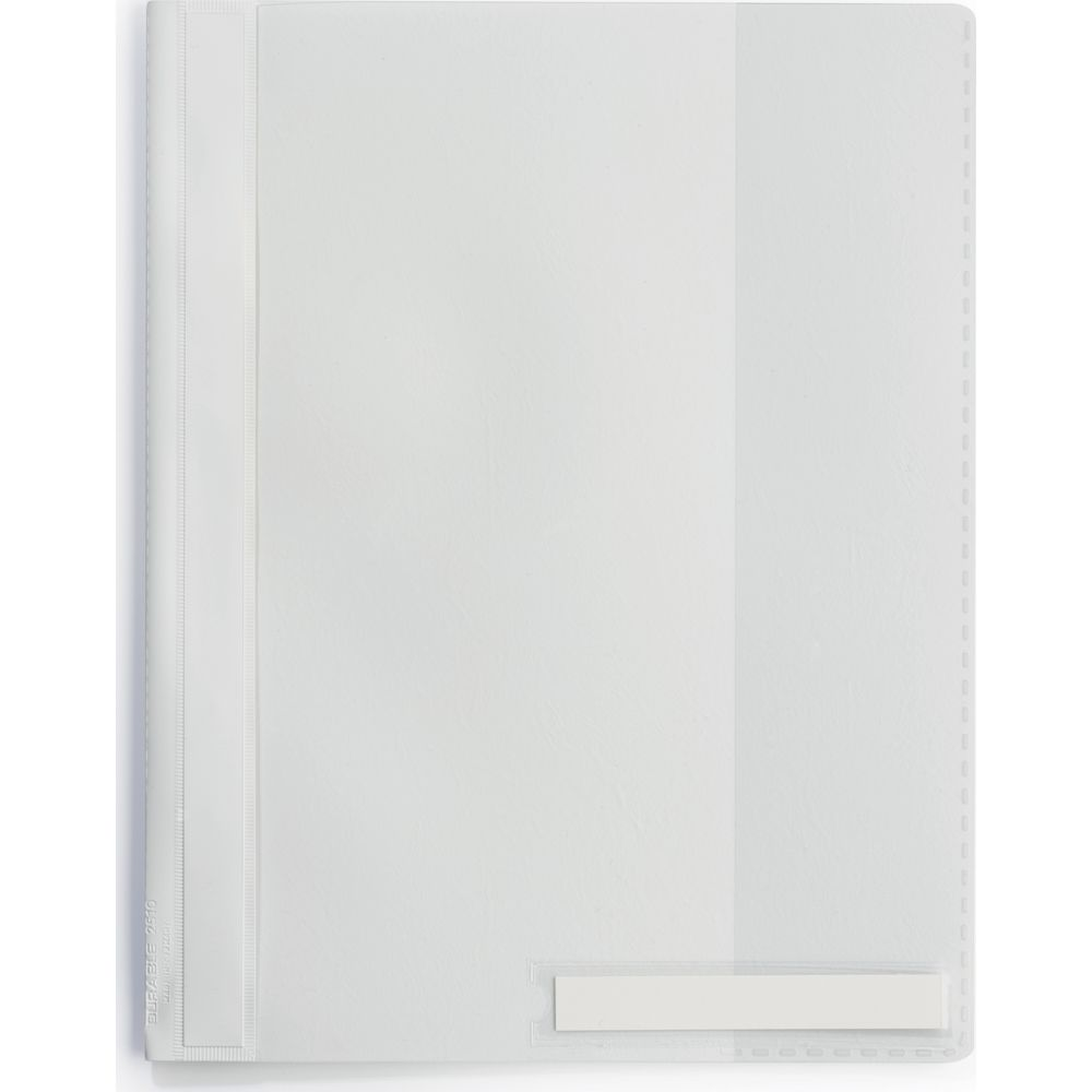 Ein weißer, transparenter Ordner mit Einstecktaschen und Beschriftungsfeld.
