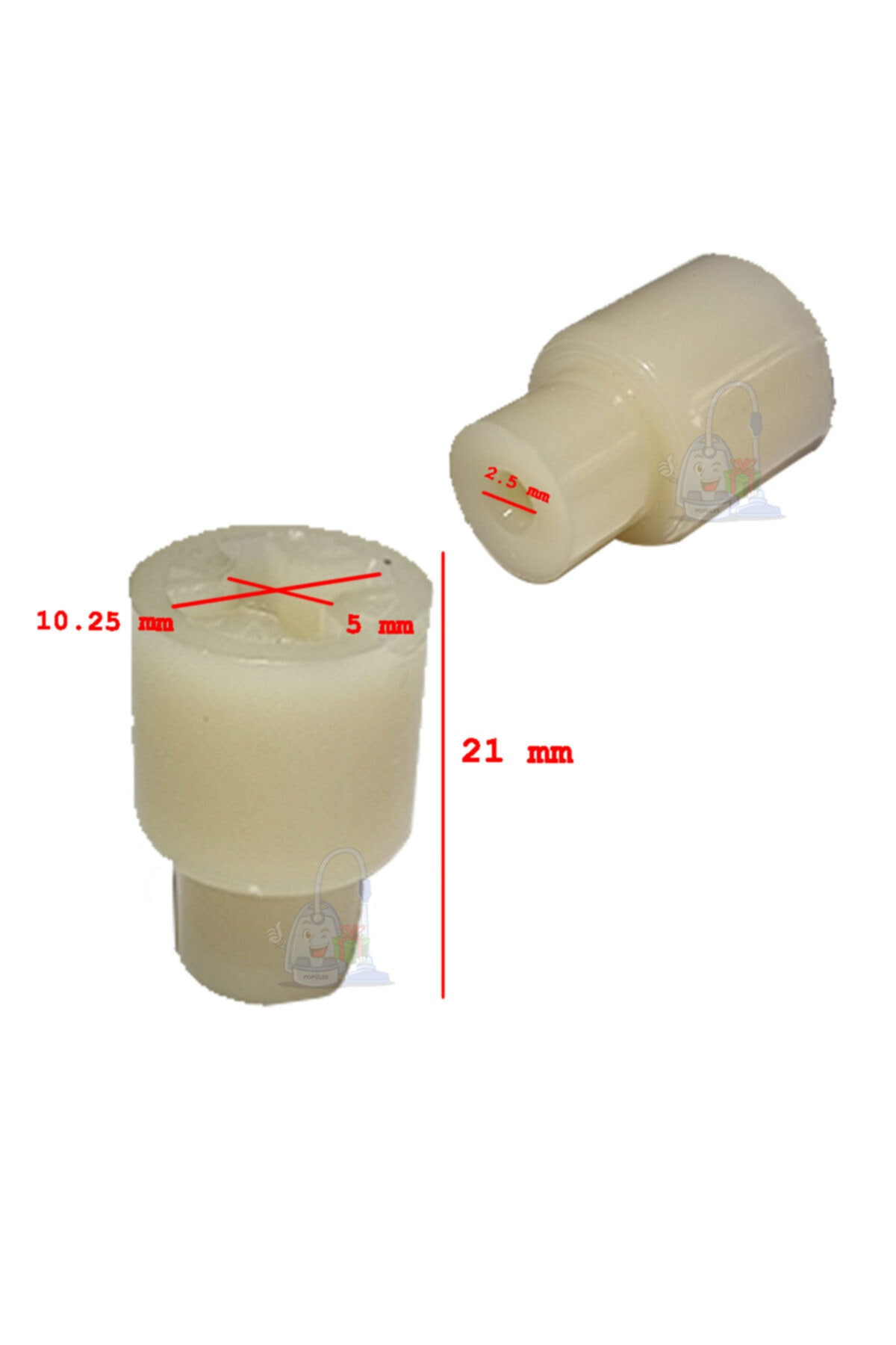 İki beyaz plastik parça, biri 10,25 mm, 5 mm ve 21 mm ölçülerindedir.