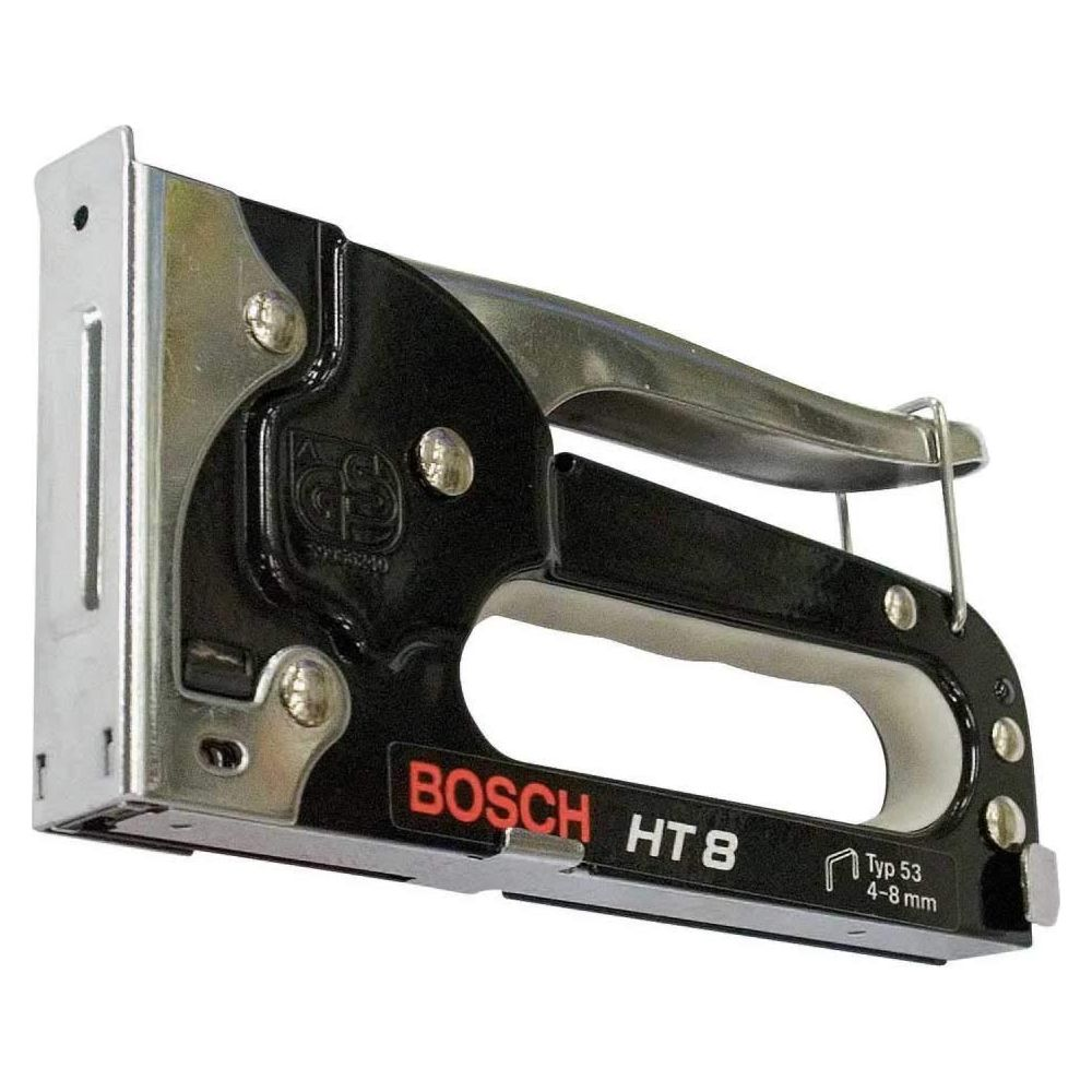Ein schwarzer Bosch HT8 Tacker mit silbernen Metallteilen, weißem Griff.