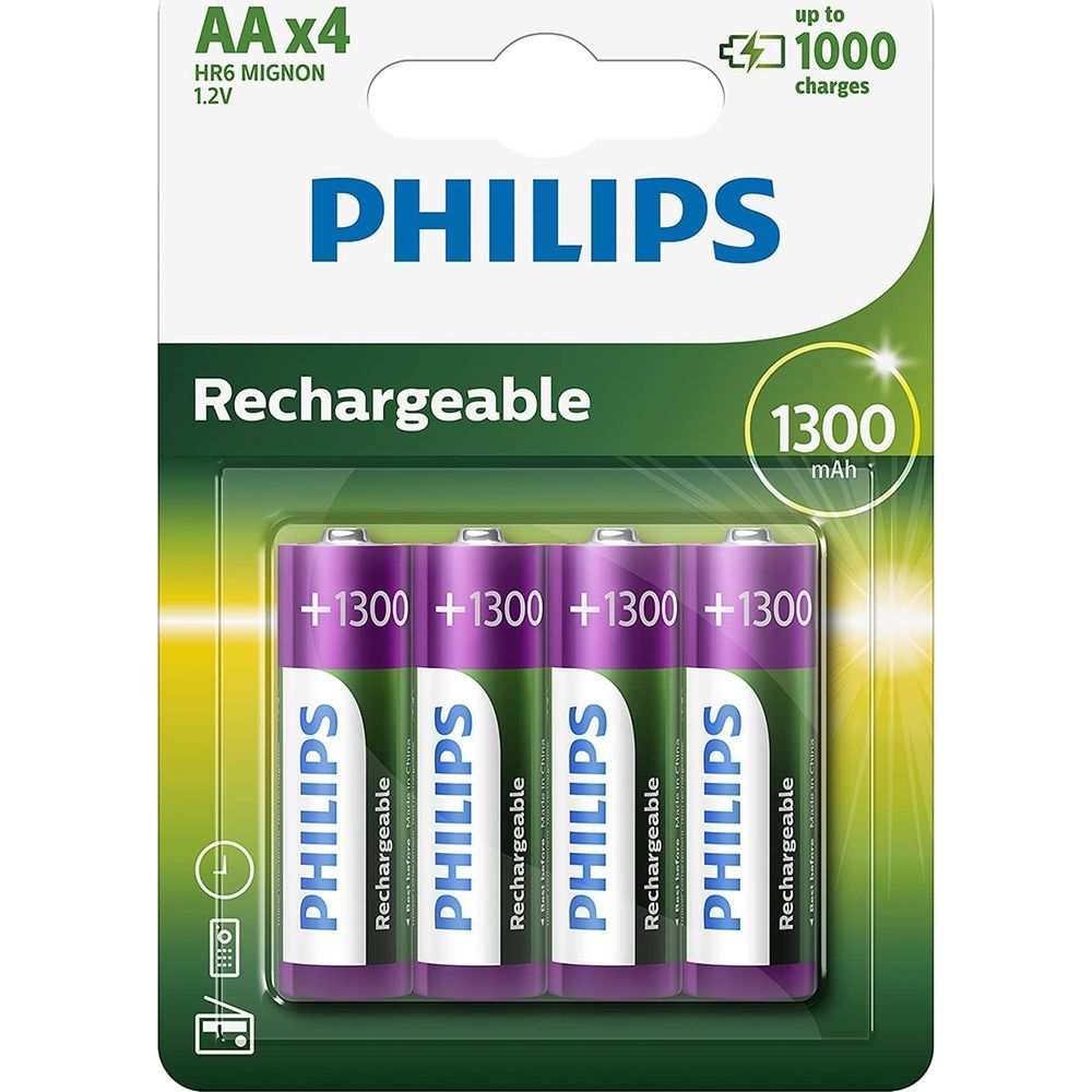 Batterie Philips AA Mignon, confezione da 4, 1300 mAh, ricaricabili.