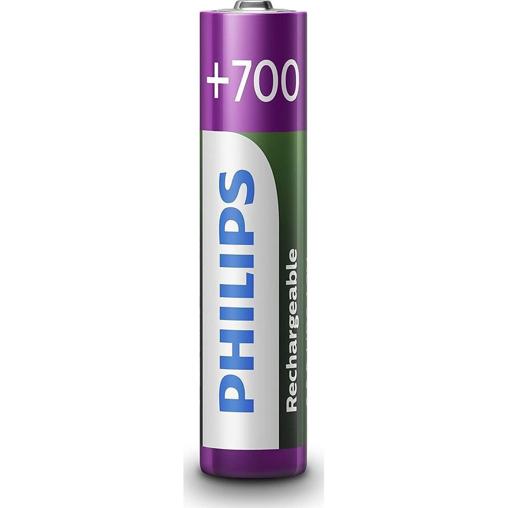 Una batteria AAA Philips ricaricabile viola con testo bianco, 700 mAh.