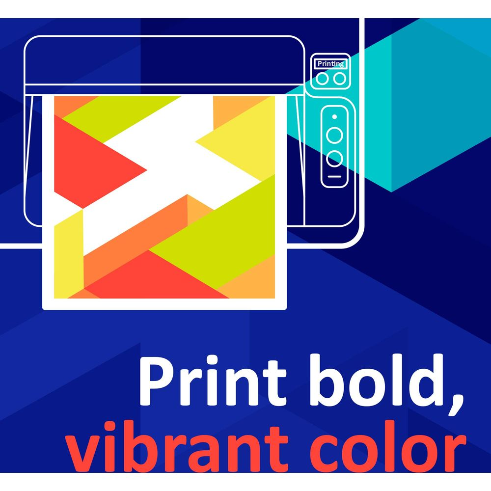 Una stampante stampa un motivo geometrico colorato. Testo: Print bold, vibrant color.