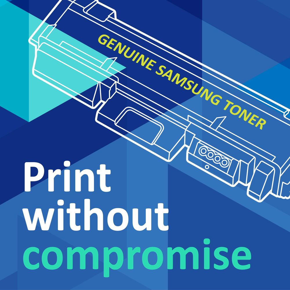 Illustrazione di una cartuccia toner Samsung con testo 'Print without compromise'.