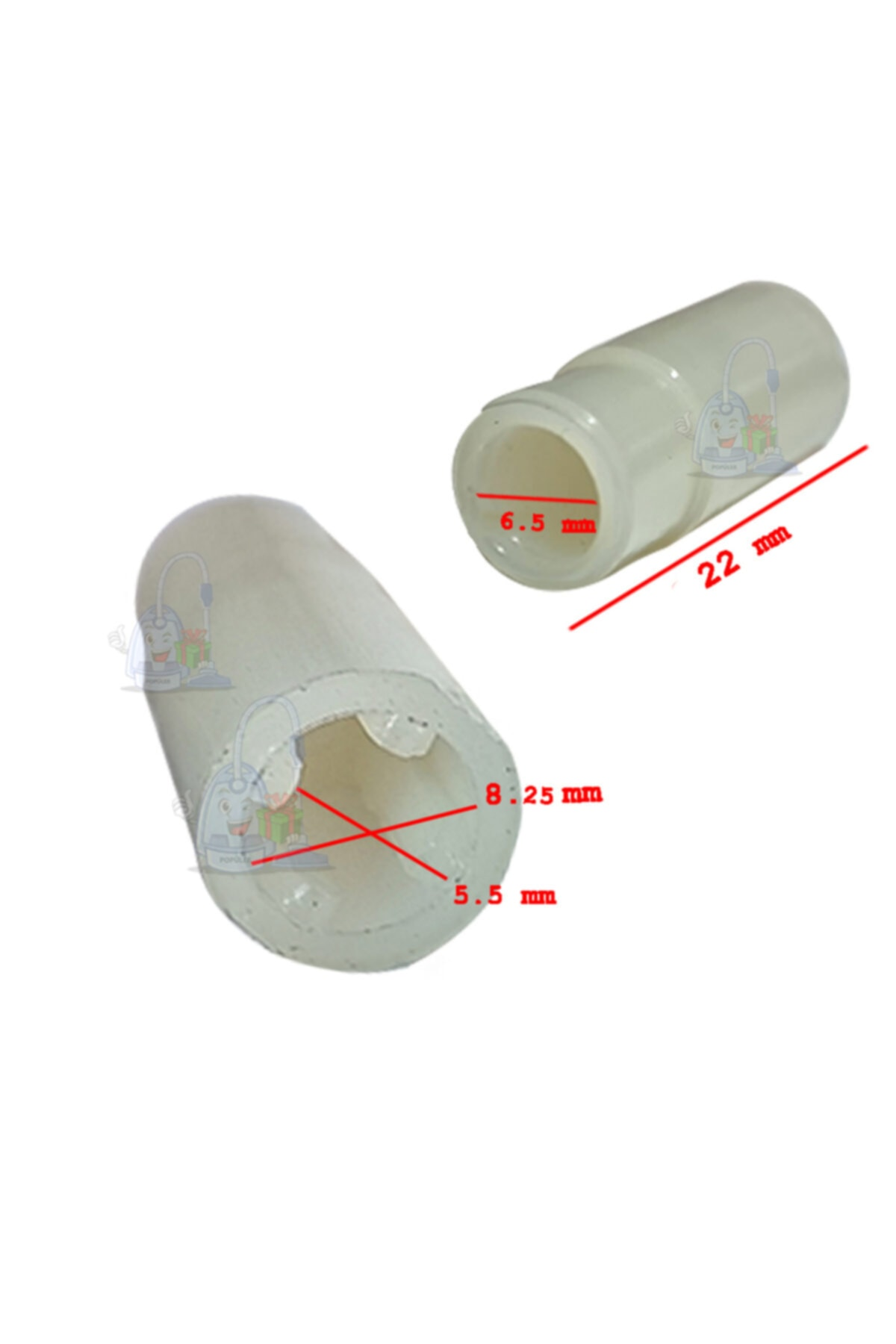 Ölçülerle iki beyaz plastik parça. Biri 6,5 mm ve 22 mm gösteriyor.