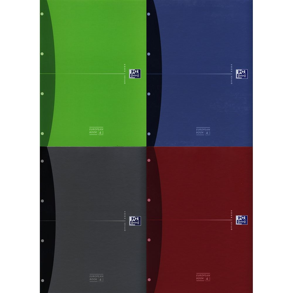 Cztery zeszyty w kolorach zielonym, niebieskim, szarym i czerwonym, z logo Oxford.