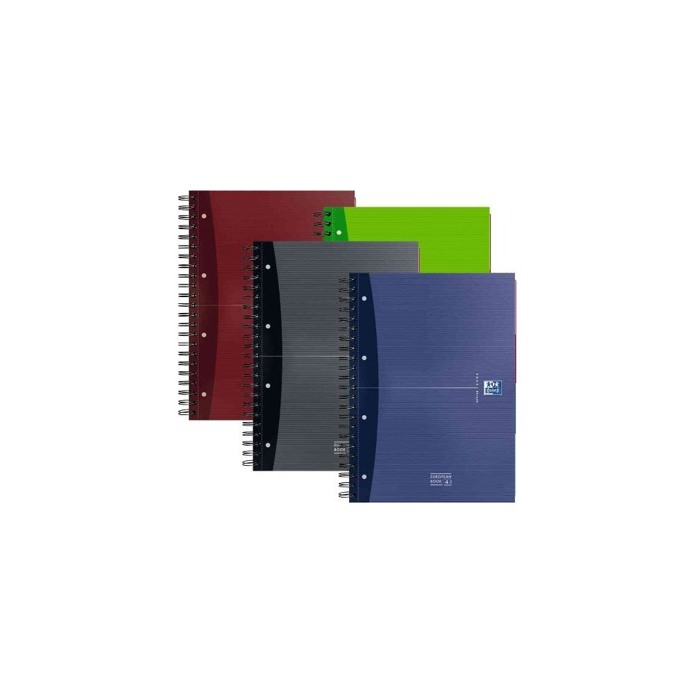 Cztery zeszyty spiralne w kolorach czerwonym, szarym, niebieskim i zielonym.