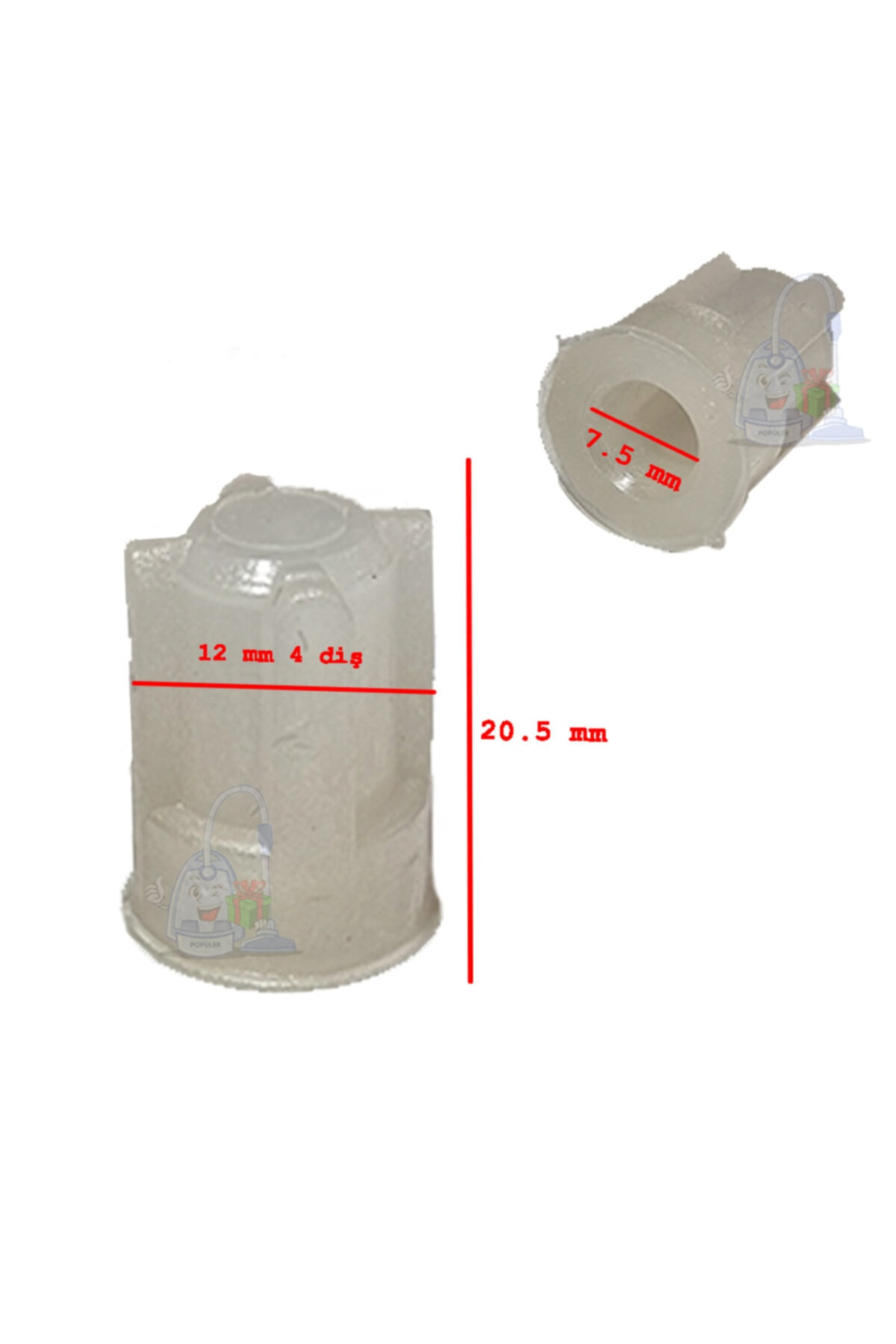 İki beyaz plastik parça, boyutları 20,5 mm ve 7,5 mm.