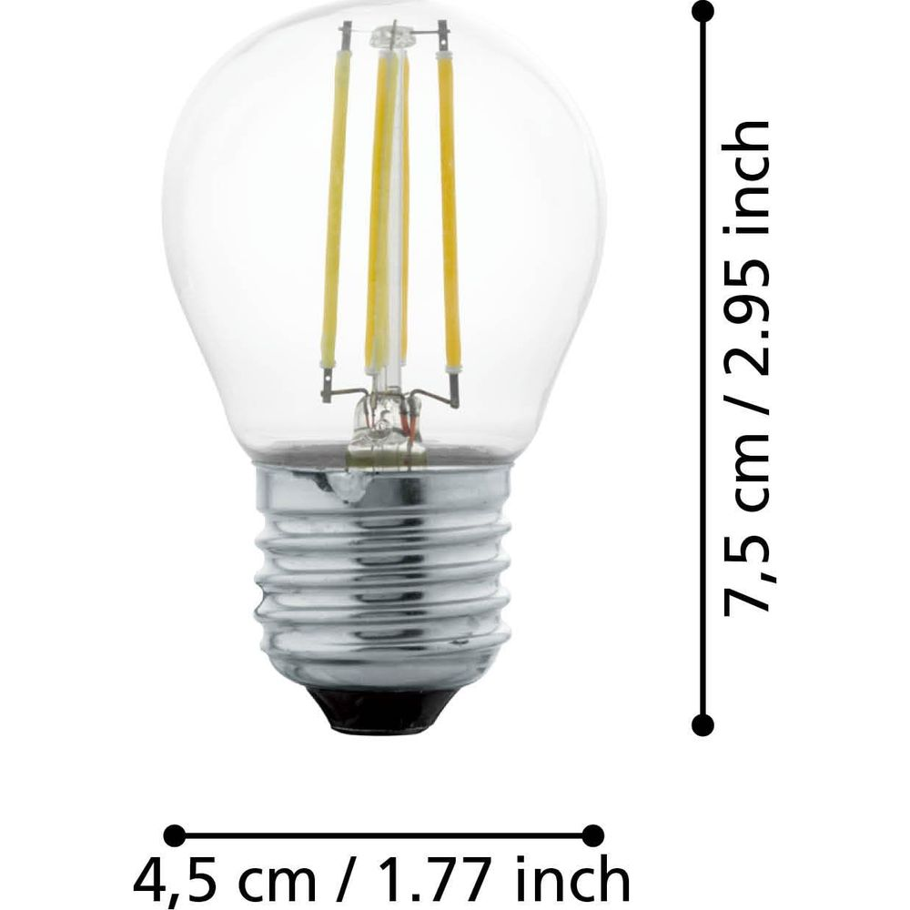 Ampoule LED transparente à culot E27 avec filaments visibles. Hauteur 7,5 cm.