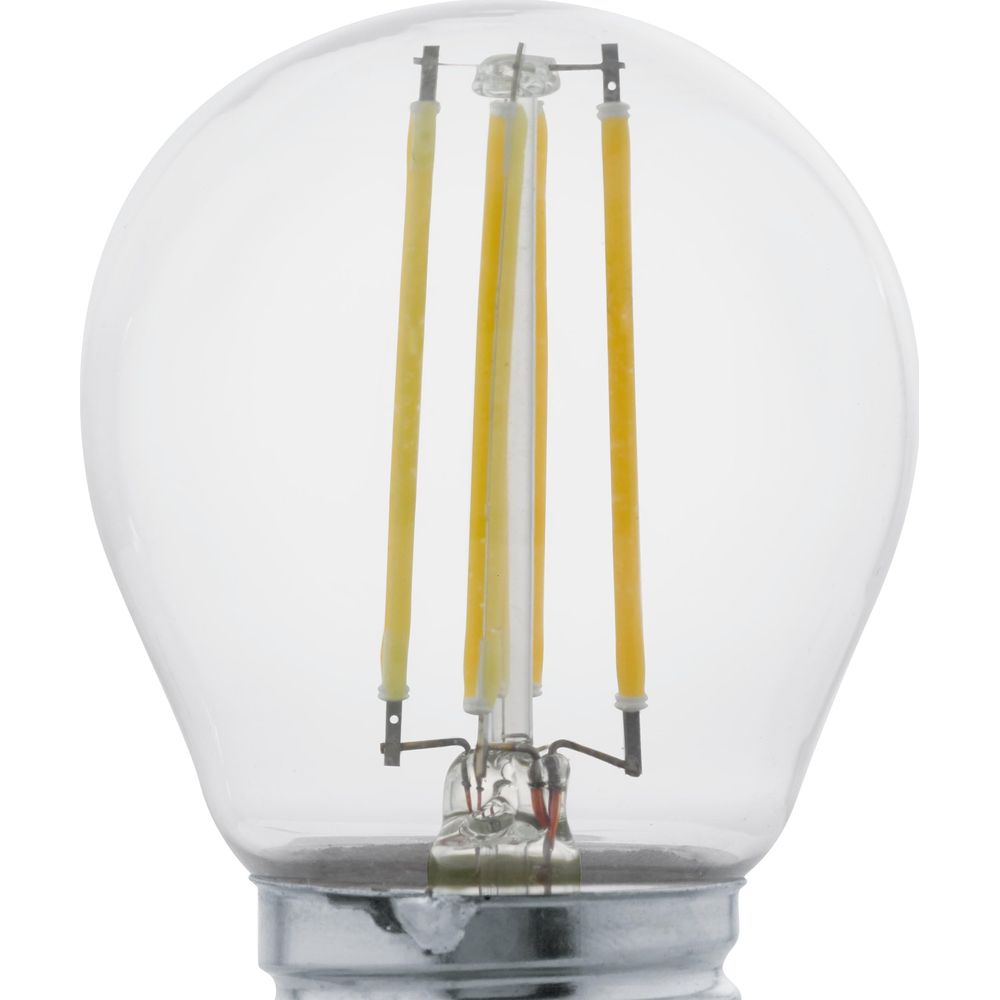 Une ampoule transparente avec quatre filaments LED jaunes et une base argentée.