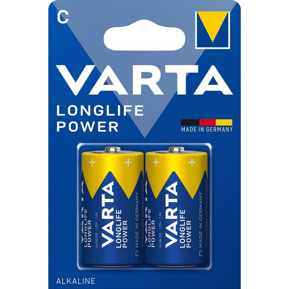 Varta Longlife Power C batteries, pack of 2. Blue and yellow.