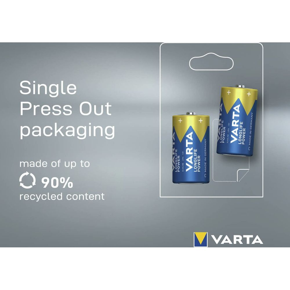 Varta batteries in single press-out packaging, made of 90% recycled content.