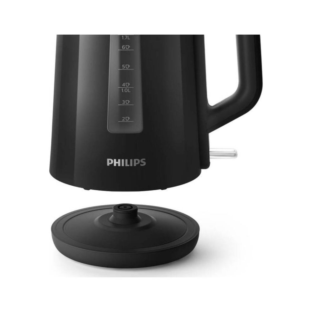 Schwarzer Philips Wasserkocher mit Wasserstandsanzeige und separater Basis.