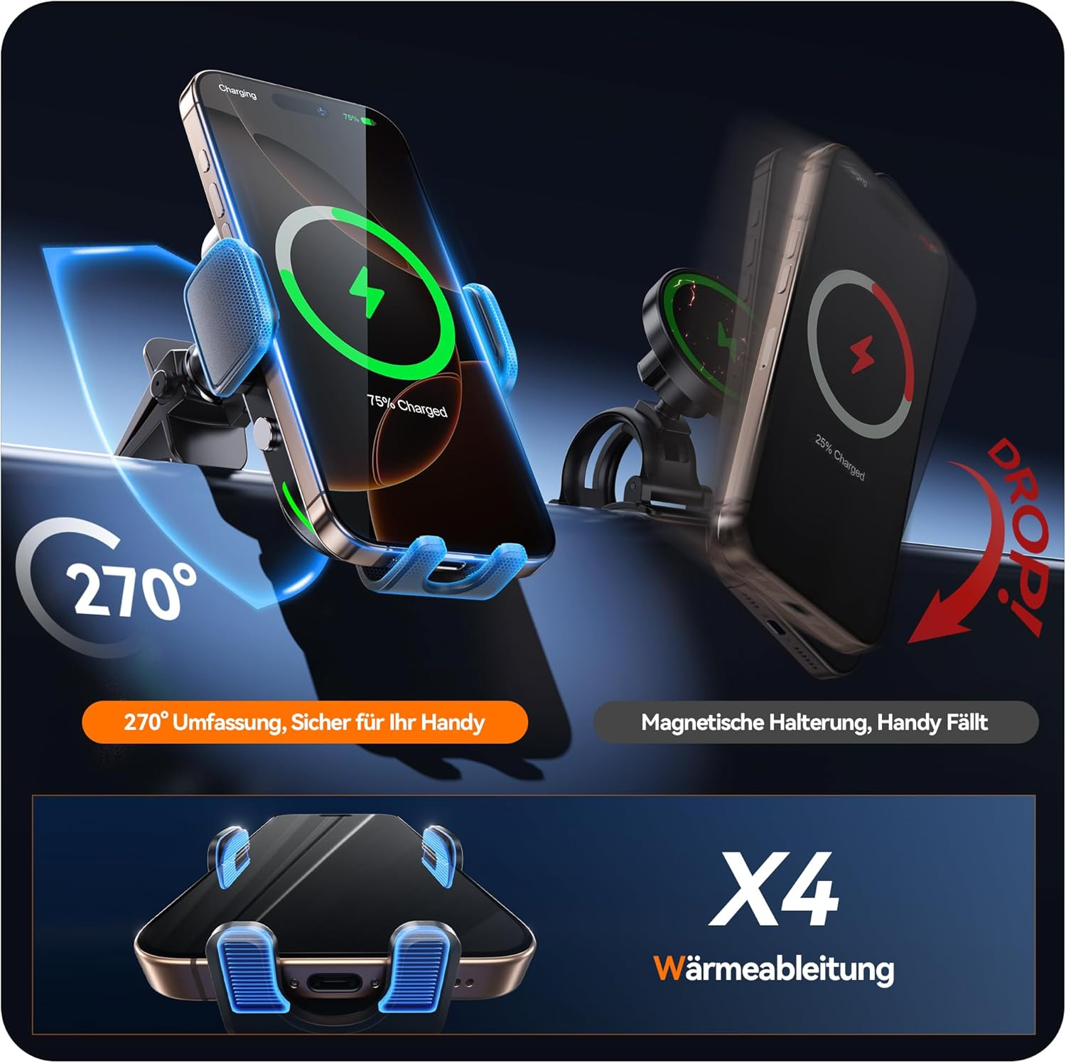 Handyhalterung mit kabelloser Ladefunktion und 270° Griff. Wärmeableitung.