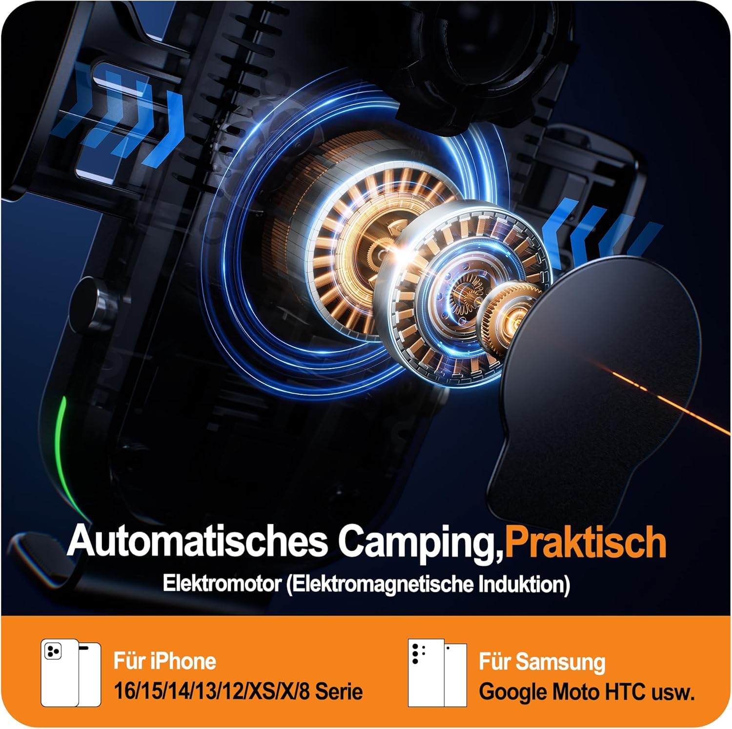 Detailansicht eines Elektromotors mit blauen Pfeilen, für iPhone und Samsung.