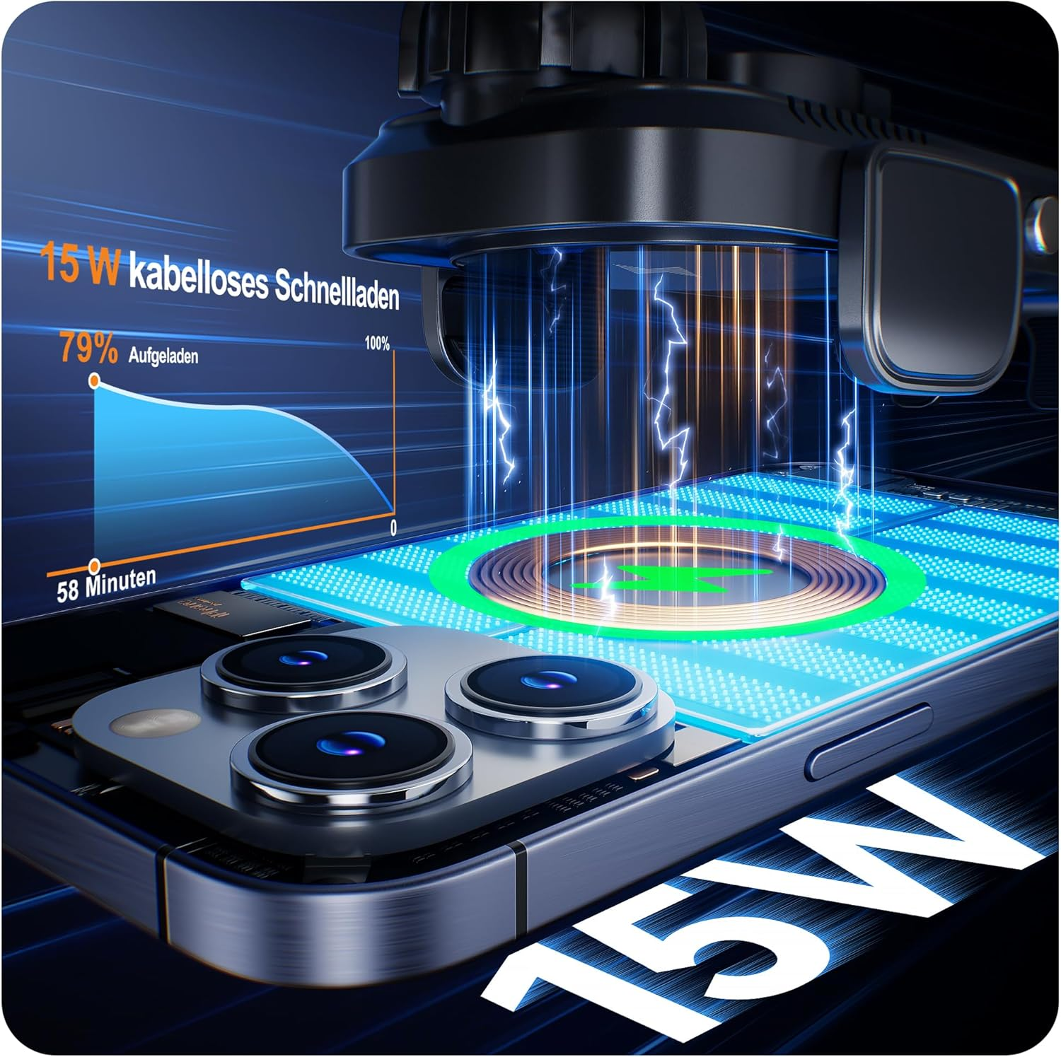 Smartphone wird kabellos mit 15W geladen. Ladeanzeige zeigt 79% an.