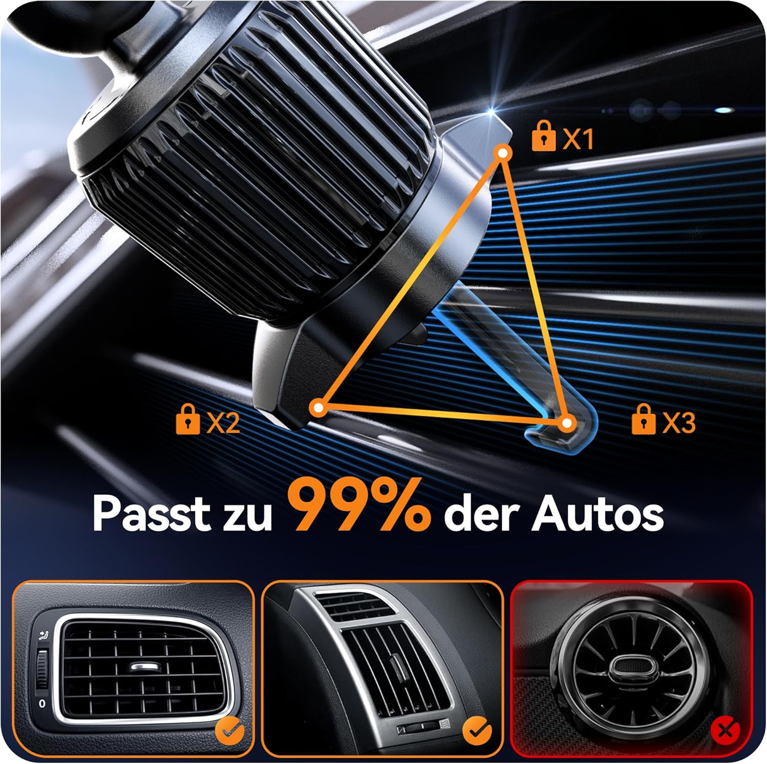 Autoteil mit Schlössern X1, X2, X3 und Text. Unten drei Lüftungsschlitze.