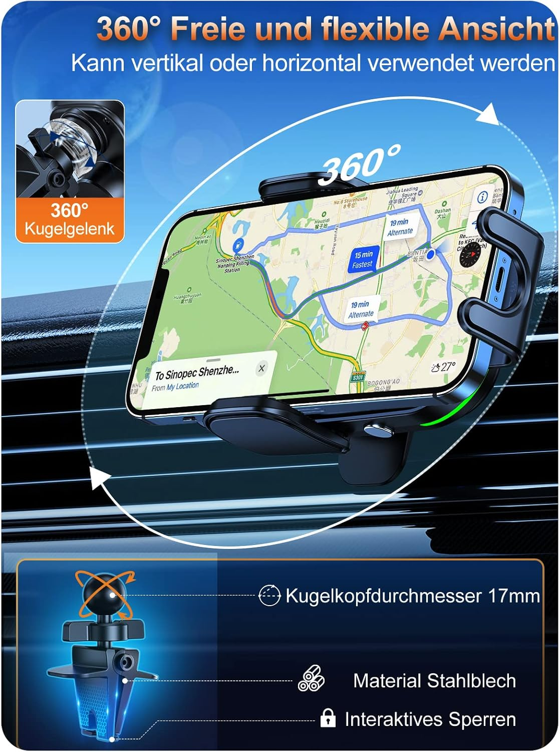360° Handyhalterung mit Navigations-App auf dem Display, zeigt Kugelkopf und Materialdetails.