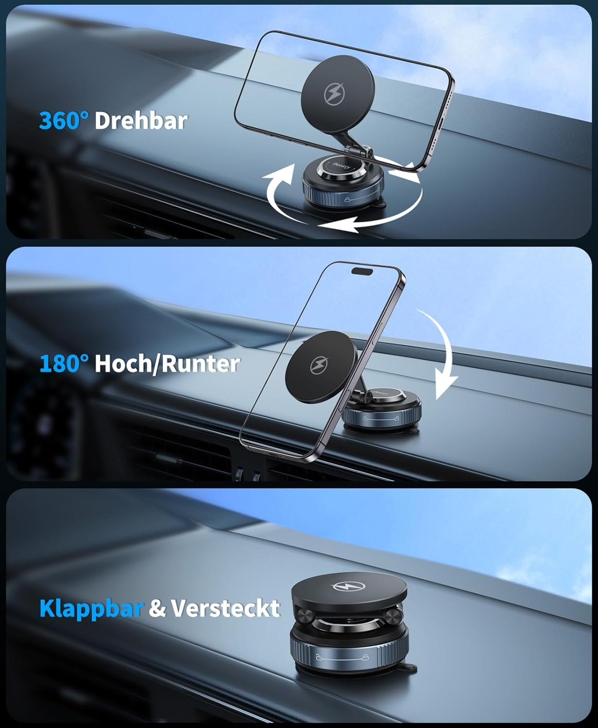 Magnetische Handyhalterung für Autos mit 360° Drehung, 180° Neigung und klappbarem Design.