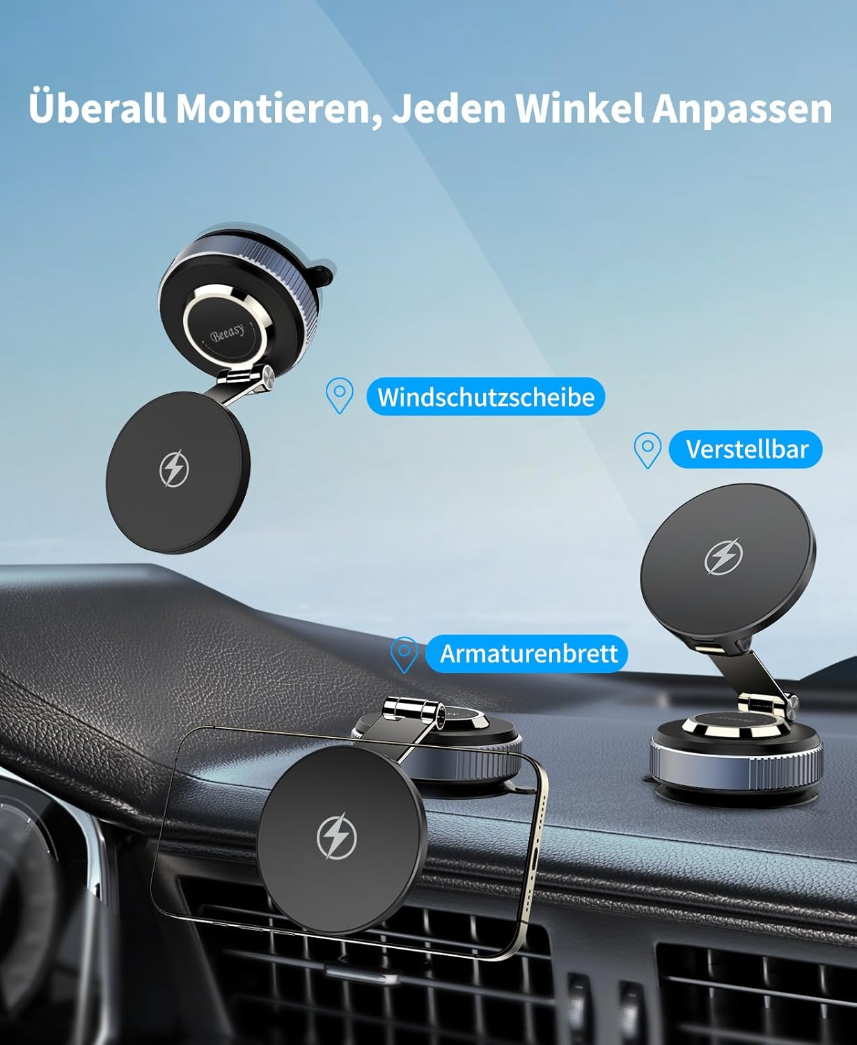 Drei schwarze Handyhalterungen auf einem Autoinnenraum. Eine auf dem Armaturenbrett, zwei an der Windschutzscheibe.