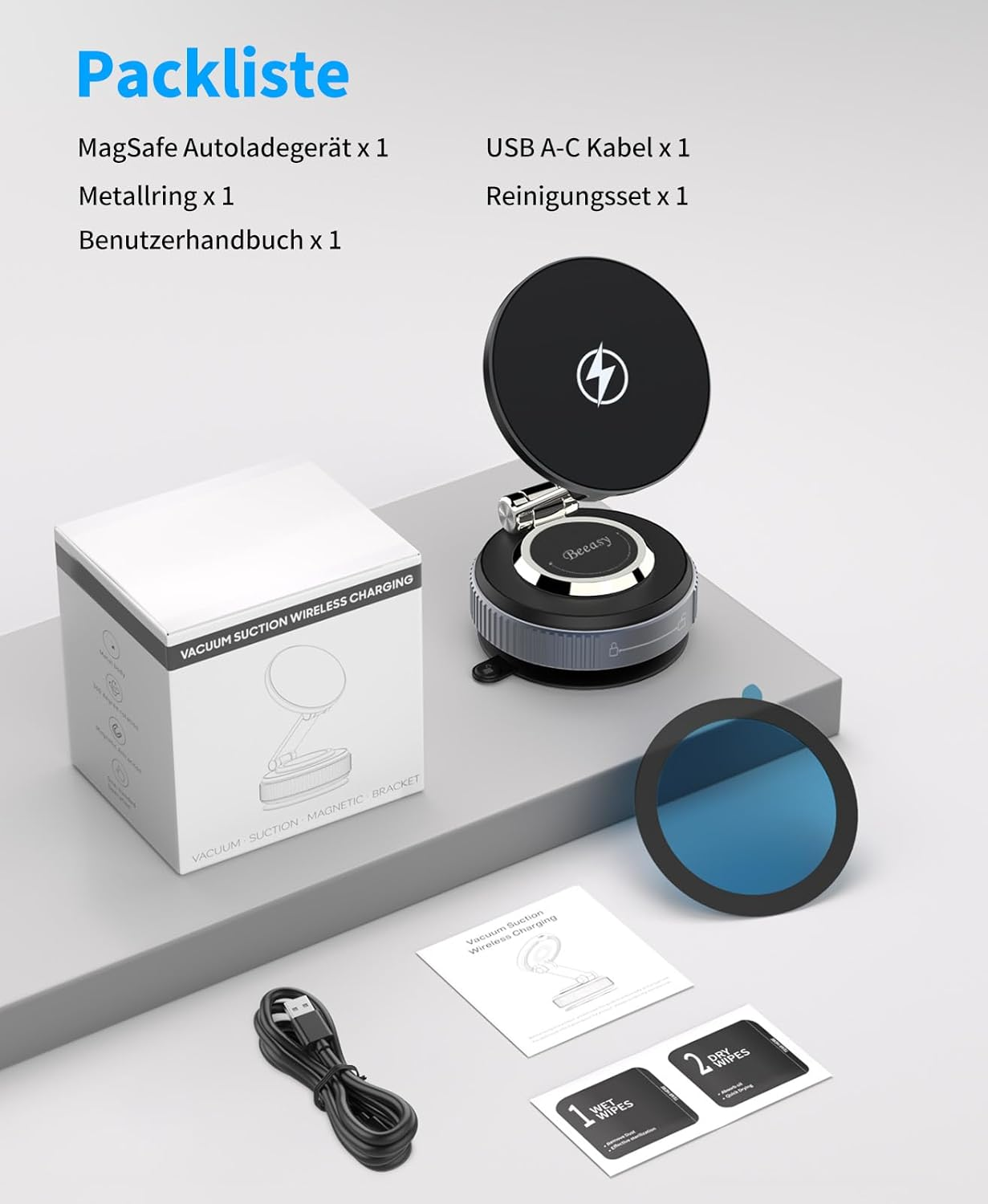 Packliste für MagSafe Autoladegerät, Metallring, Handbuch, USB-Kabel, Reinigungsset.