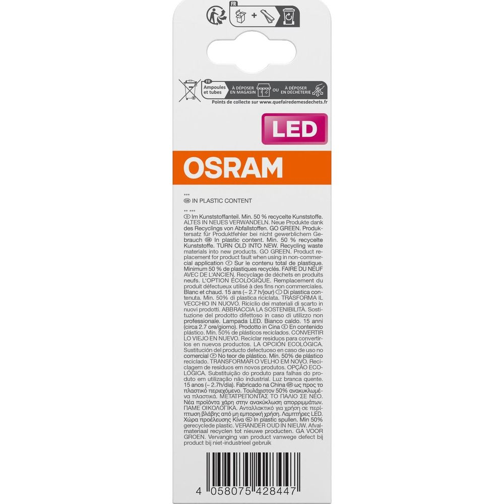 Lampada LED OSRAM con informazioni sul riciclo. Contiene 50% di plastica riciclata.