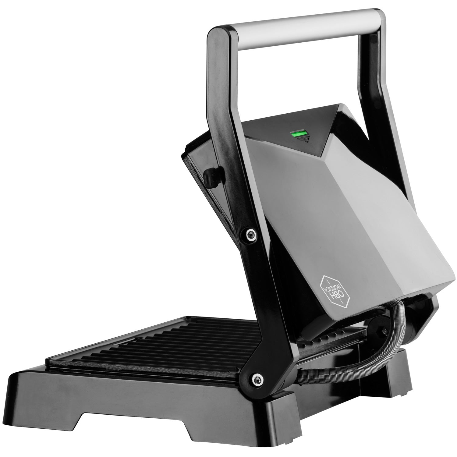 Een zwarte contactgrill met zilveren handvat en groen indicatielampje.