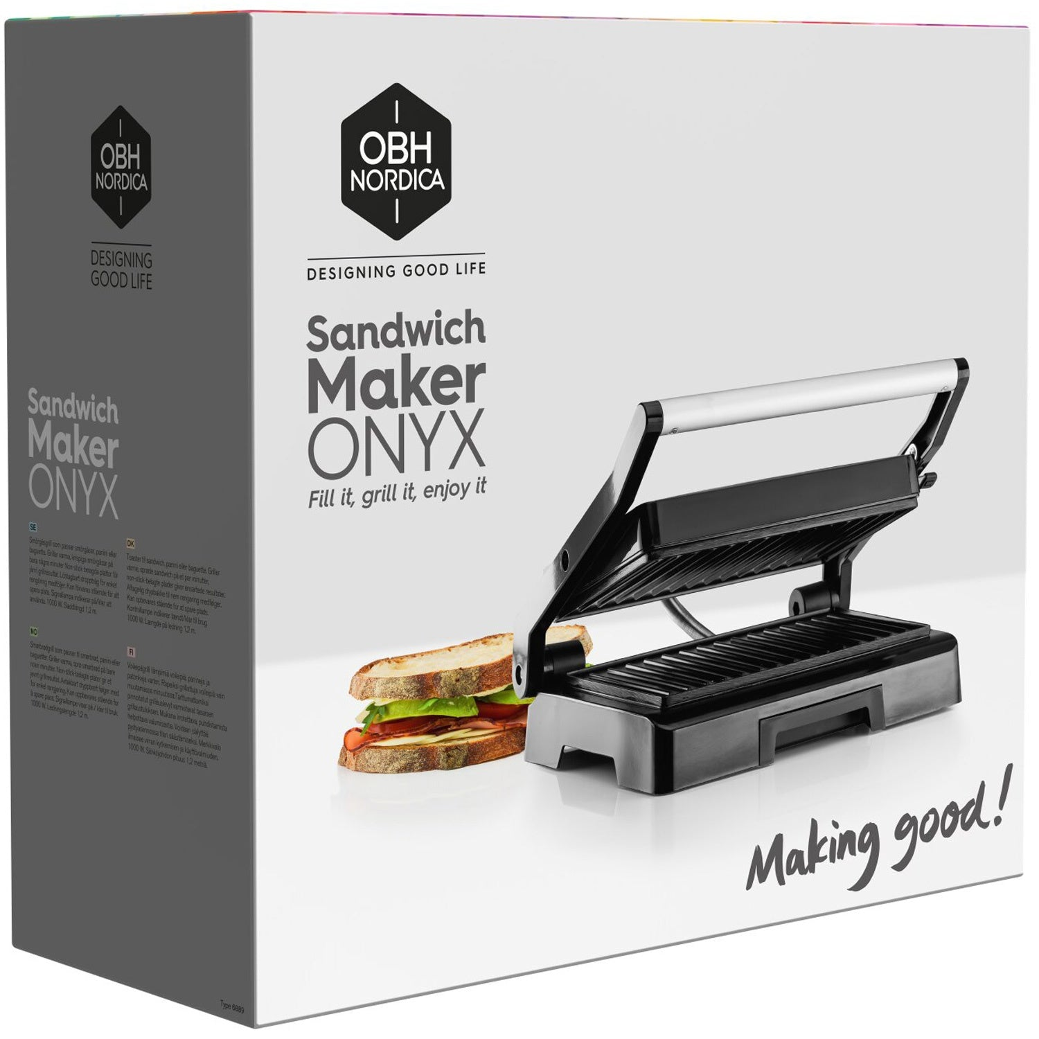 Een OBH Nordica Sandwich Maker ONYX met een sandwich en tekst op de doos.
