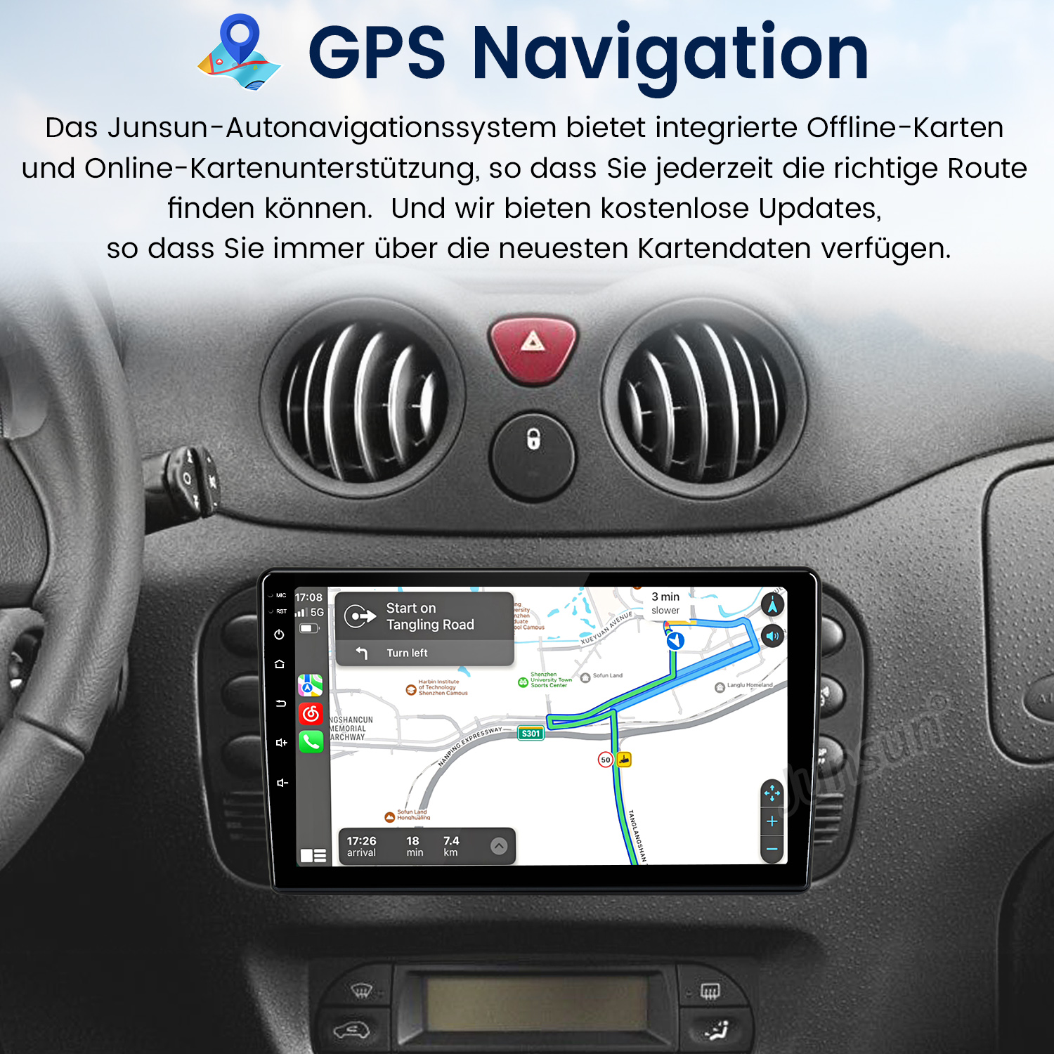 Ein Navigationssystem im Auto zeigt eine Karte mit einer Route und Fahranweisungen.