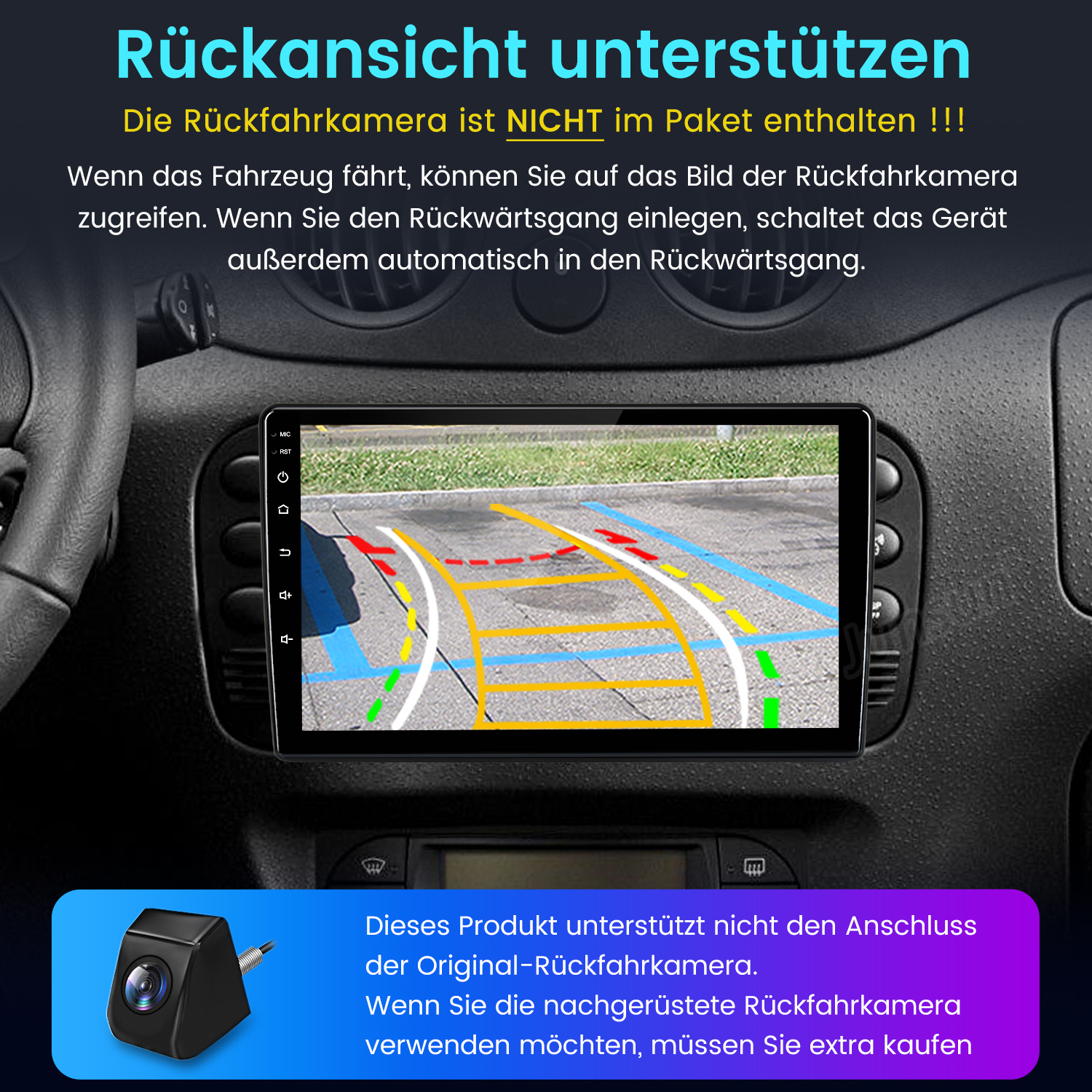 Ein Autoradio zeigt eine Rückfahrkameraansicht mit Parklinien.