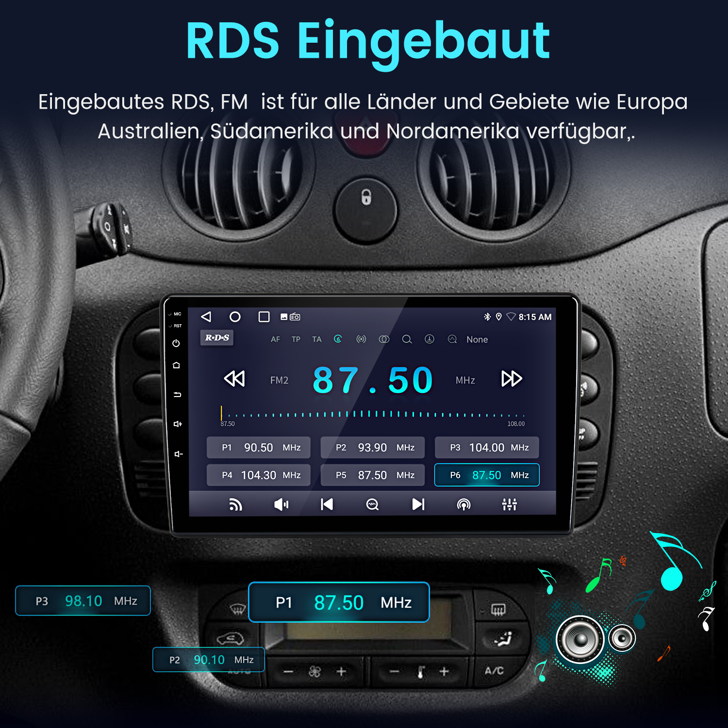 Autoradio mit Touchscreen zeigt FM2 87.50 MHz an, mit Speicherplätzen.