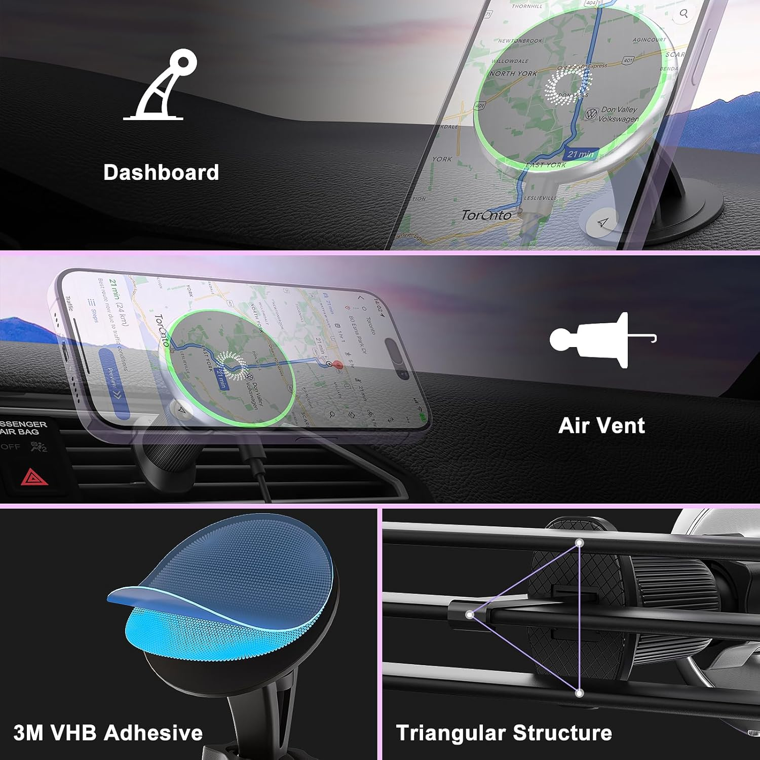Ein Smartphone mit Navigations-App auf einem Armaturenbrett und Lüftungshalterung.