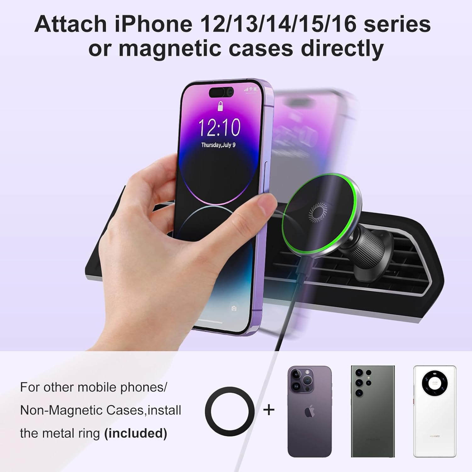 Ein iPhone wird an einer Autohalterung befestigt. Drei Handys unten.