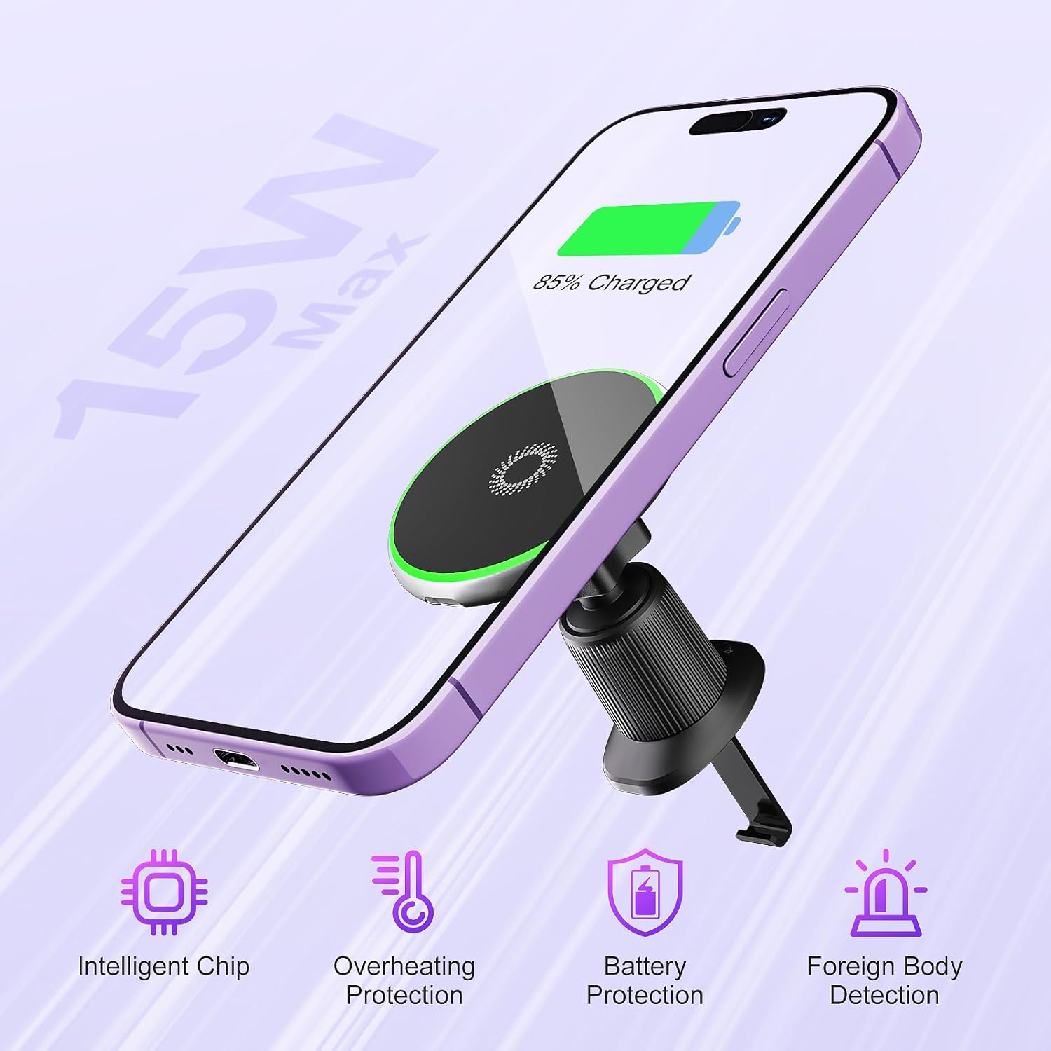 Lila Handy an Ladegerät zeigt 85% geladen, 15W Max. Mit intelligentem Chip, Überhitzungsschutz.