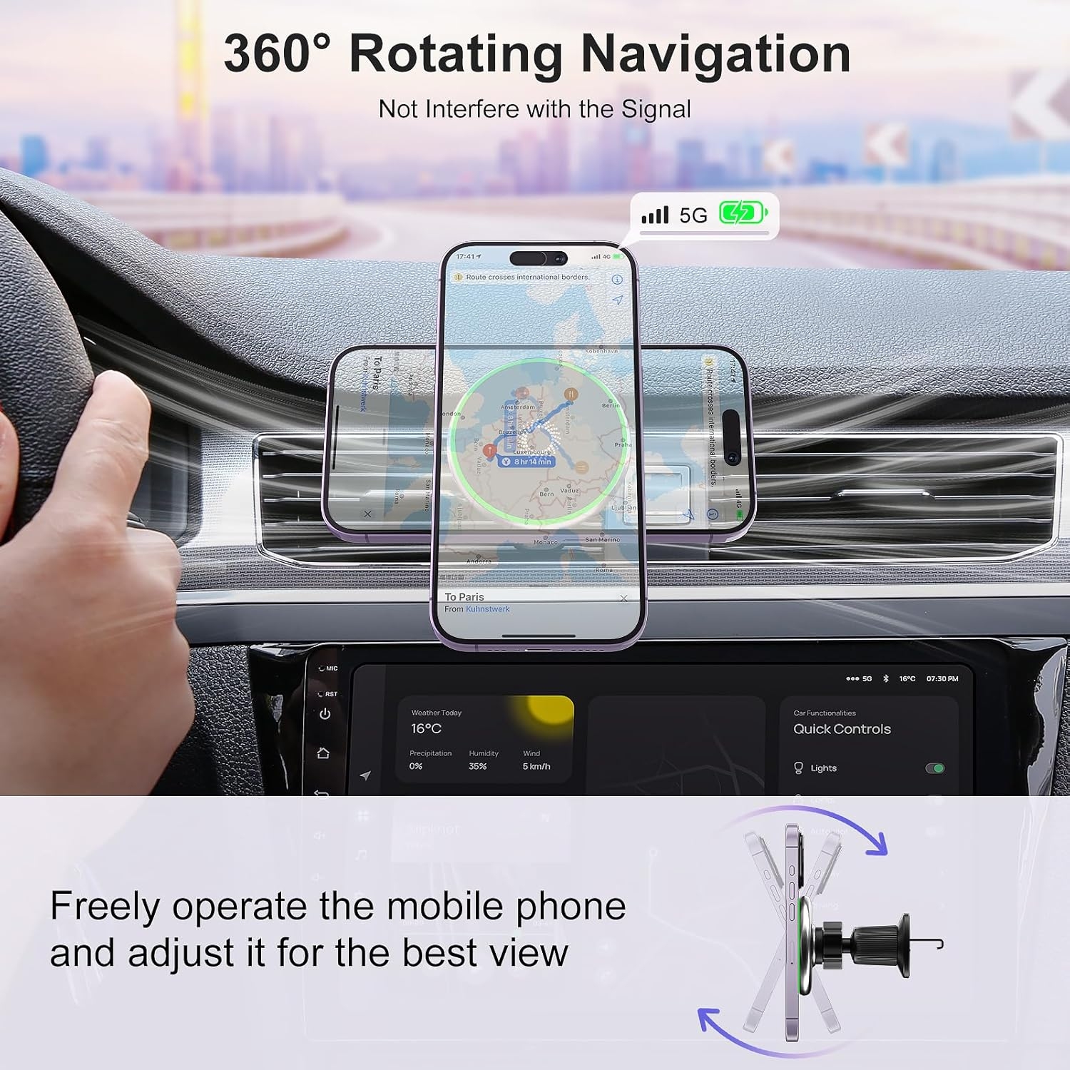 Ein Handy-Navigationsgerät im Auto mit einer angezeigten Route nach Paris.