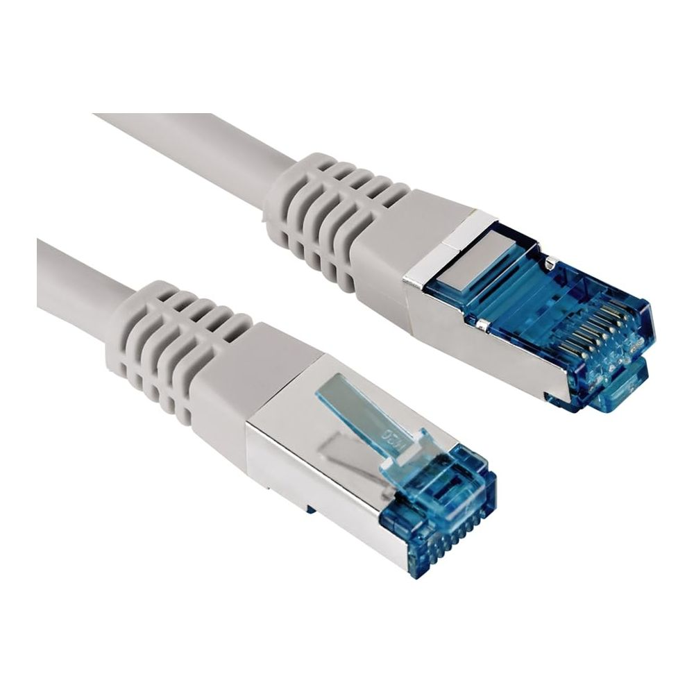 Due cavi Ethernet grigi con connettori RJ45 blu su sfondo bianco.